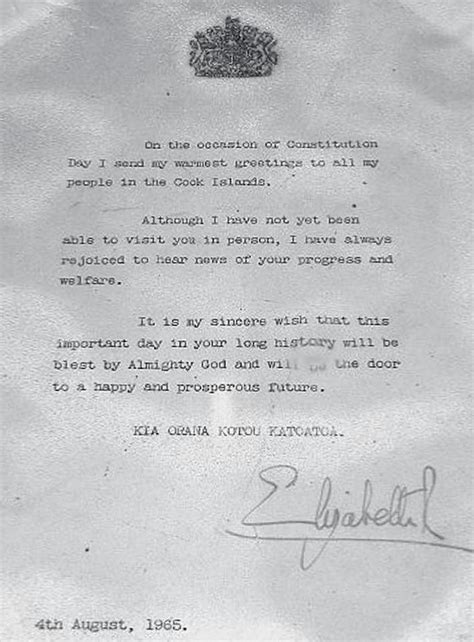 Letter From Her Majesty Queen Elizabethh Ii To The Cook Islands People