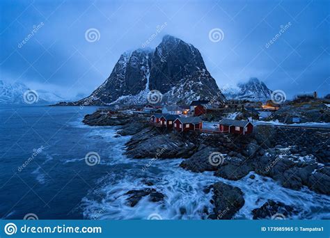 Norwegian Fishing Village At Twilight In Hamnoy City Lofoten Islands
