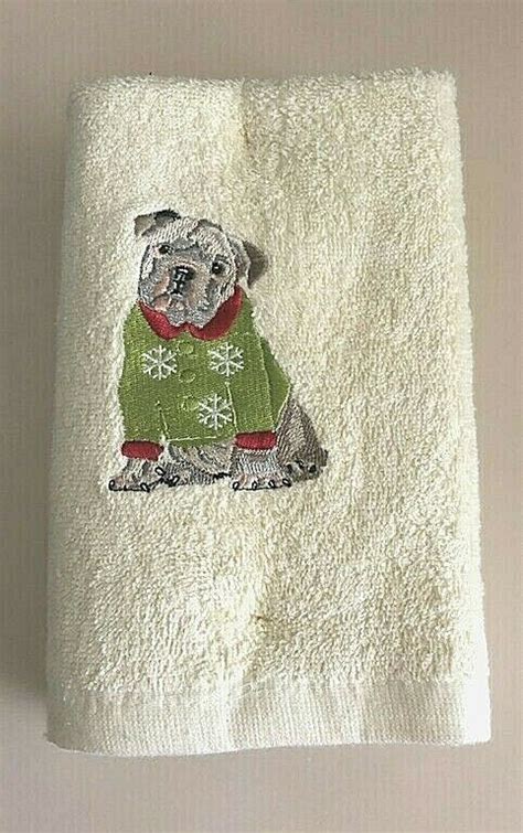 Christmas Bull Dog Hand Towels Set Of 2 Embroidered Ivory Pet 26x16
