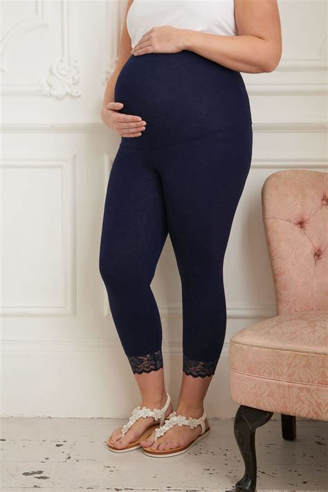 Bump It Up Maternity Navy Cotton Elastane Cropped Leggings With Lace