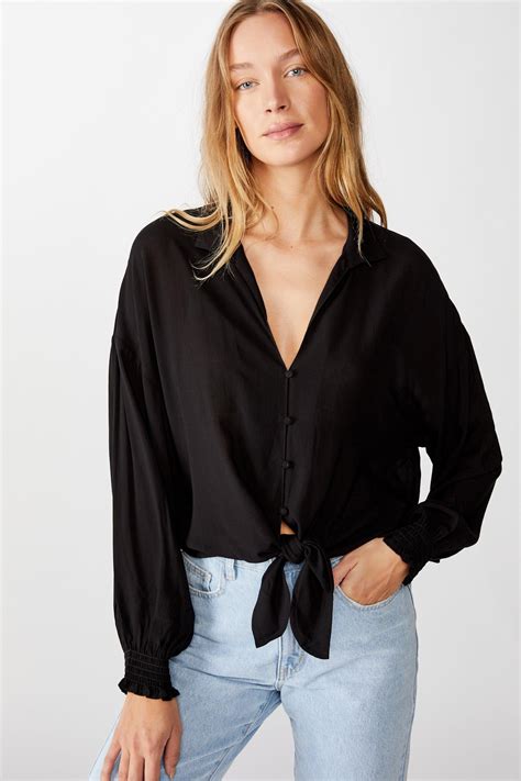 Tie Front Lw Long Sleeve Blouse Black Cotton On Blouses
