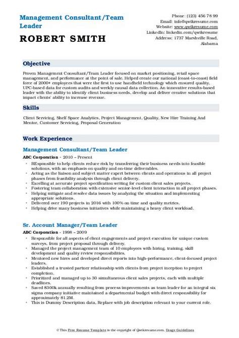 Make sure your cv is littered with examples of leading a team, managing projects, delegating, making. Team Leader Resume Samples | QwikResume