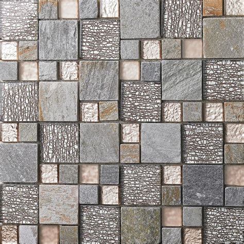 Glass And Stone Mosaic Tiles Mixed Gray Rose Gold And Silve Backsplash