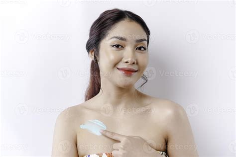 Skin Care Products Concept Asian Woman Applying Moisturizing Lotion On Body After Shower