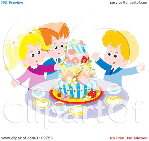 Cartoon Of Happy Caucasian Children Celebrating Around A Cake Royalty