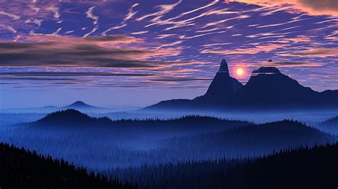 Hd Wallpaper Silhouette Of Foggy Mountain Landscape Nature Blue