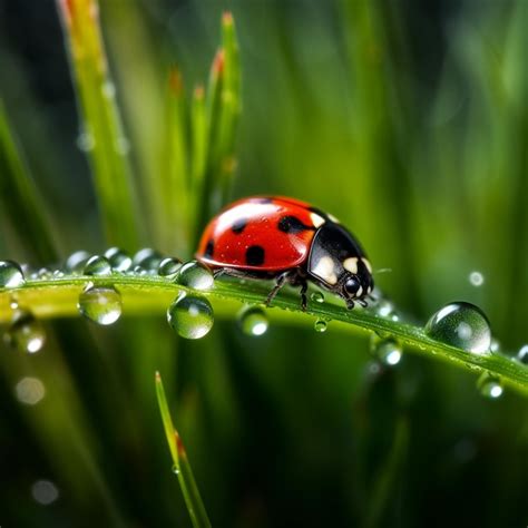 Premium Photo A Ladybug Sits On A Blade Of Grass With Dew On It