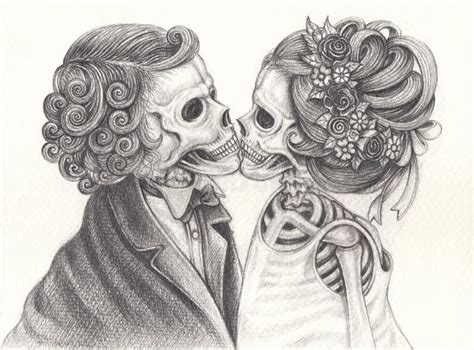 Art Wedding Couple Kiss Skulls Stock Illustration Illustration Of