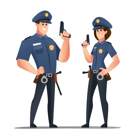 Policeman And Police Woman Officers Holding Guns Cartoon Characters