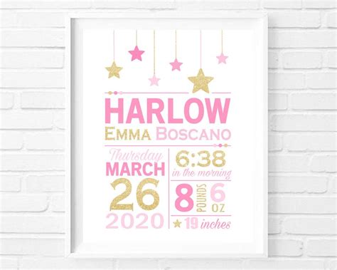 Printable Stars Birth Stats Wall Art Baby Girl Personalized Etsy Canada