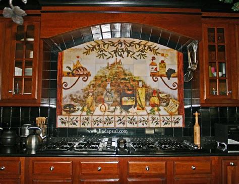Beautiful italian tile backsplash mural of a kitchen window featuring a still life of olive tiles, grapes, bread, cheese, garlic, olive oil, olives, rosemary, lemons and a hummingbird by american artist linda paul. Italian Tile Backsplash - Kitchen Tiles Murals Ideas