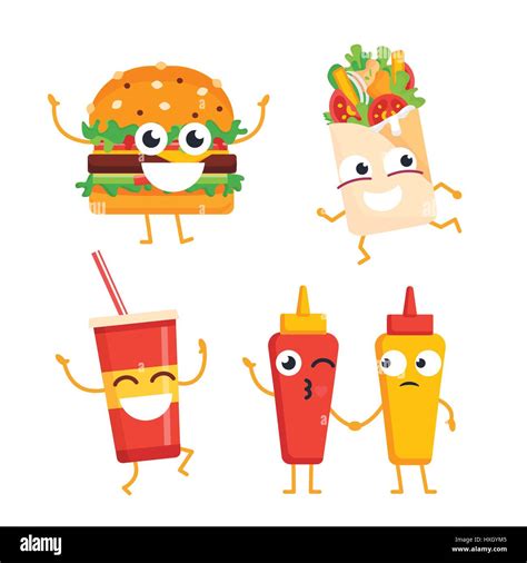 Fast Food Characters Vector Set Of Mascot Illustrations Stock Vector