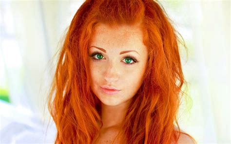 Redhead Women Green Eyes Face Freckles Biting Lip Wallpaper Coolwallpapersme