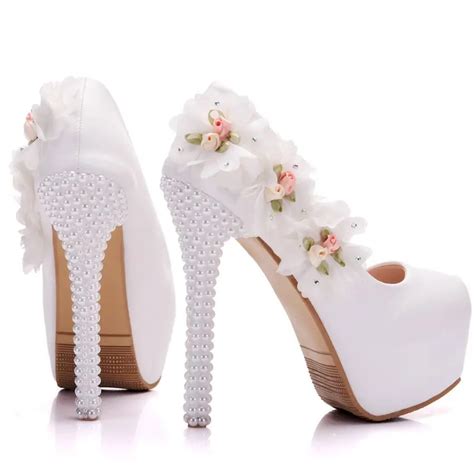 2018 Women Wedding Shoes High Heels 14cm Lady Flowers Pearl Platforms