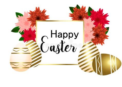 Happy Easter Egg With Flowers Ribbon Happy Easter Template With Gold