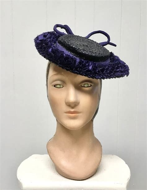 Vintage 1940s Navy Straw Tilt Hat 40s Blue Mini Hat Gem