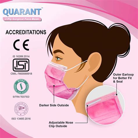 Buy Quarant 3 Ply Pink Surgical Face Mask With Adjustable Nose Pin Uv
