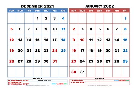 Free December 2021 January 2022 Calendar With Holidays Pdf