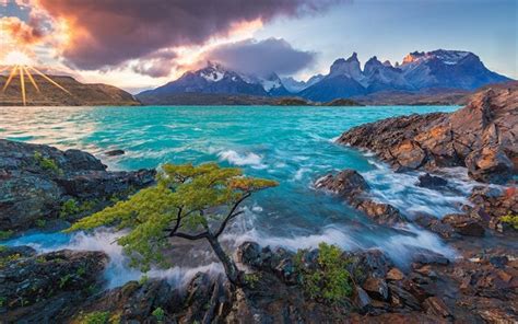Download Wallpapers Blue Lake Chile Evening Wave Sunset Mountains