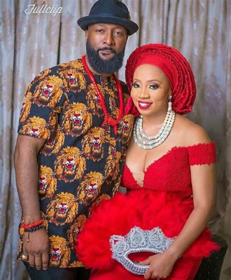 Clipkulture Groom In Igbo Isiagu Top With Bride In Red Off Shoulder Igbo Blouse With Headtie