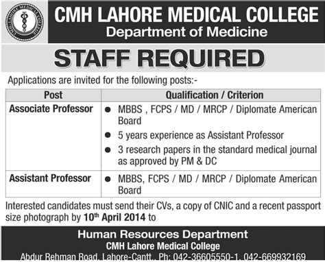 Cmh Lahore Medical College Jobs March For Medical Faculty