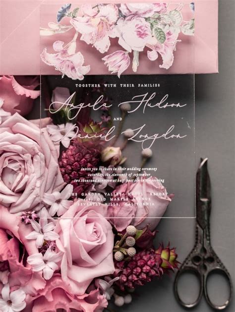 Luxury Floral Acrylic Plexi Wedding Invitations Romantic Blush Pink