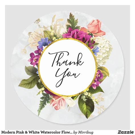 Modern Pink And White Watercolor Flowers Thank You Classic Round Sticker