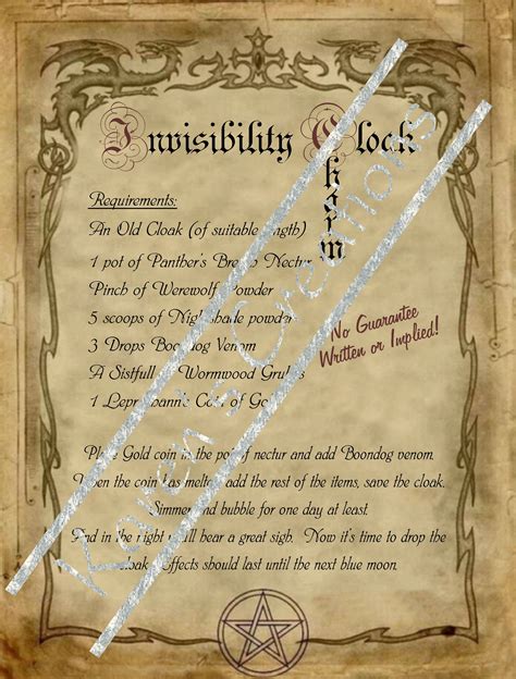 Invisibility Cloak Charm Spell Page For Homemade Halloween Spell Book