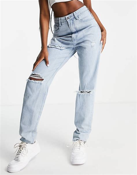 Missguided Riot High Rise Mom Jeans With Cut Hem In Light Wash Blue Asos