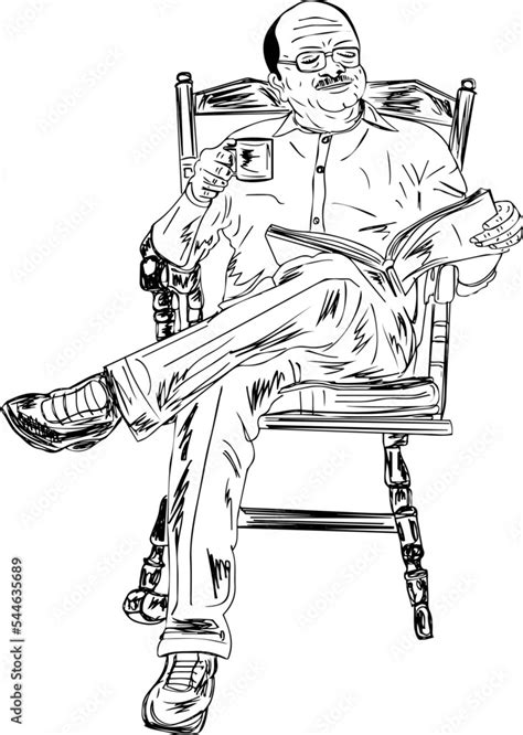 Retired Old Man Sitting On Chair Holding Tea Cup And Reading Book Old
