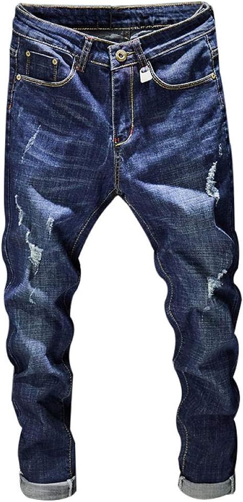 Ripped Jeans Men Stretch Dark Blue Slim Fit Fashion High Street