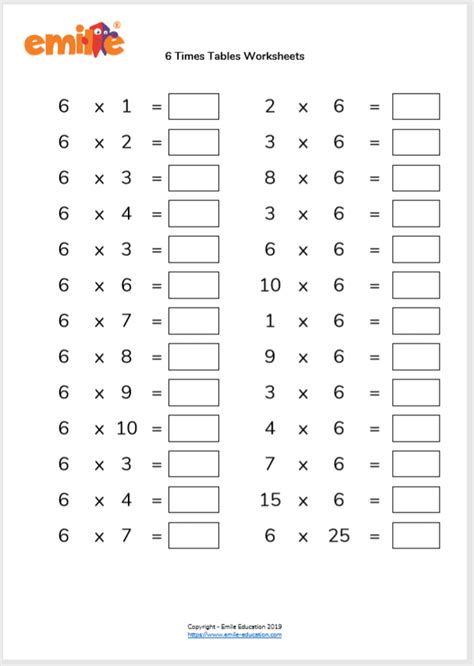 Multiplication Worksheet 6 Times Tables