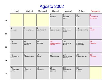 Calendario Agosto 2002 Con Festività E Fasi Lunari