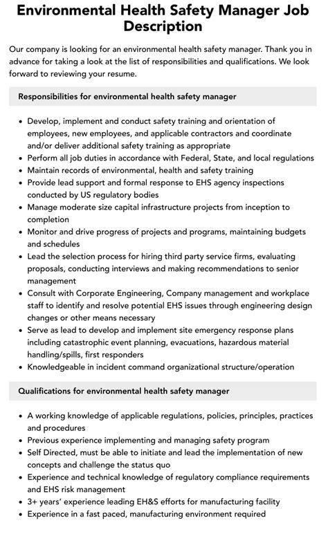 Environmental Health Safety Manager Job Description Velvet Jobs