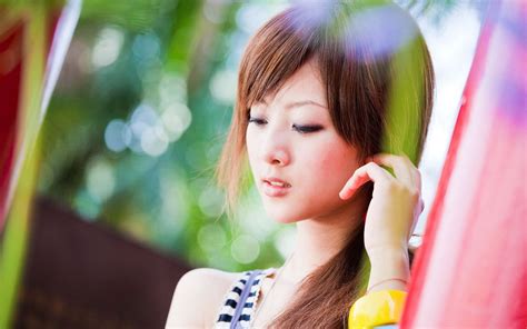 Face Asian Model Hands Open Mouth Long Hair Mikako Zhang Kaijie Brunette Bokeh Women