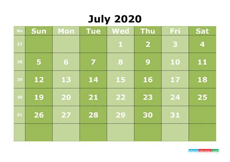 Free Printable July 2020 Calendar Template Word