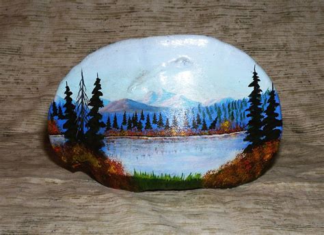 Natural Folk Art Solid Tree Conk Fungus Painted Lake Mountain Scene