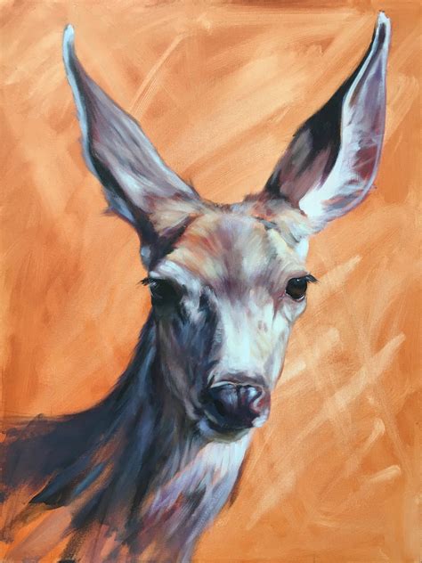 An Acrylic Painting Of A Deers Head On Orange Background With One Eye