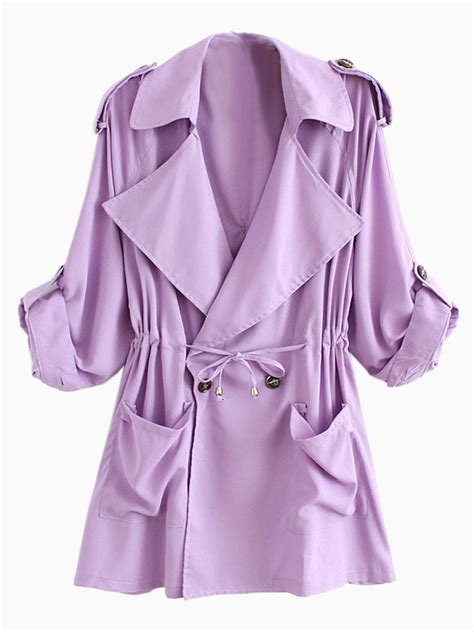 Light Purple Lapel Waisted Double Breasted Trench Coat Choies
