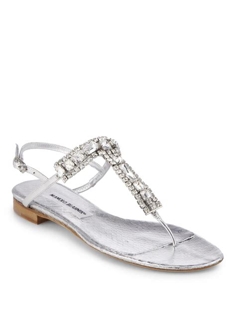 Lyst Manolo Blahnik Zanfimod Jeweled Metallic Leather Thong Sandals In Metallic