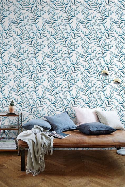 Watercolor Blue Leaf Wallpaper Removable Wallpaper Etsy Jungle Wall