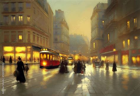 Old Tram In The City Night View Of The City Oil Paintings Landscape