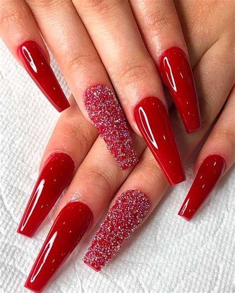 Cute Red Christmas Acrylic Nails Long With An Accent Glitter Nail Christmas Nails 2019