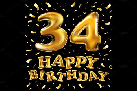 Happy Birthday 34 Gold Balloon Custom Designed Graphics Creative Market