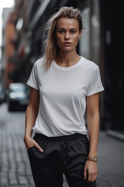 Premium Ai Image A Model Wears A White T Shirt With Black Shorts