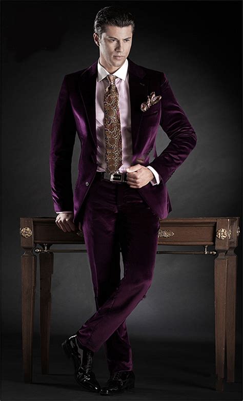 Latest Coat Pant Designs Purple Velvet Men Suits Slim Fit Tailor Made