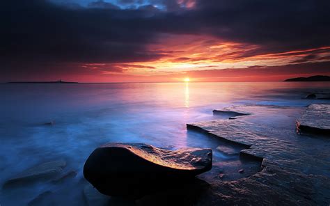 Coast Shore Beaches Stone Rock Ocean Sea Water Sky Clouds Sunset