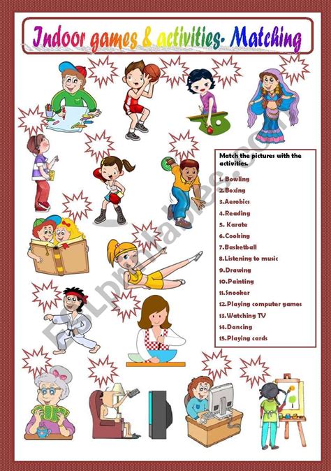 Indoor Games And Activities Matching Esl Worksheet By Macomabi