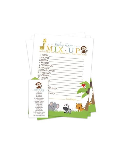 Cute Jungle Baby Shower Word Scramble Game Cards 25 Pack Neutral