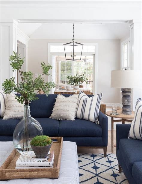 Blue Sofa On White And Wool Rug Transitional Living Room